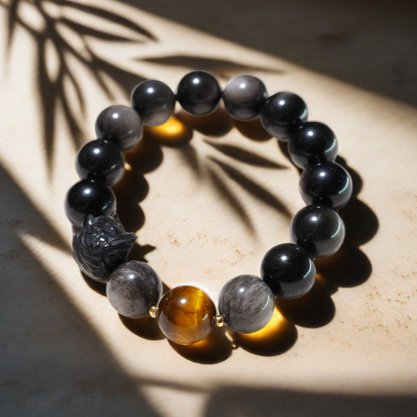 Pulsera TAOÉ de Obsidiana con Brillo de Plata Natural - Danza del León Chino | Obsidiana y Obsidiana con Brillo Dorado - Agua