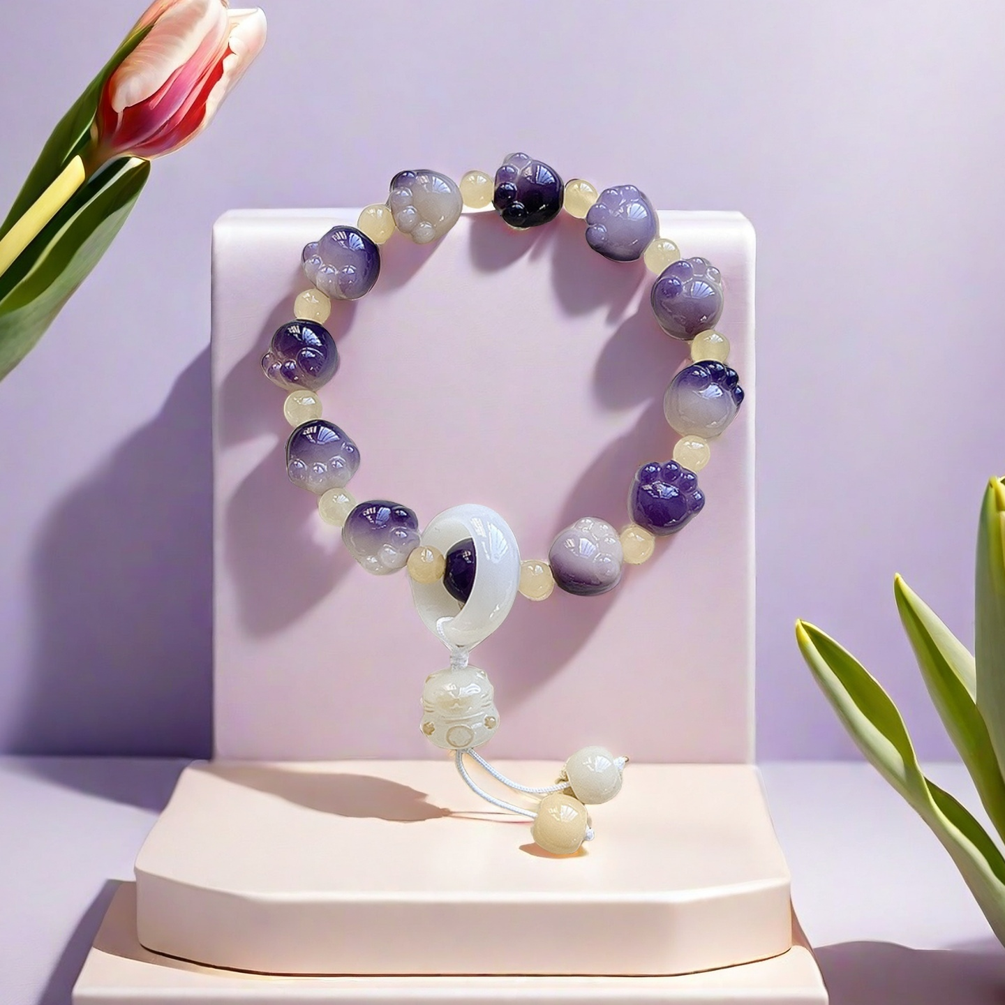 The 24 Solar Terms Series TAOÉ Pawfect Bodhi Bracelet: Carved Cat Paw Pendant - Frosts Descent is displayed upright on a pastel pink stand, with soft lighting and tulips on either side. The bracelet features alternating purple and white carved beads.