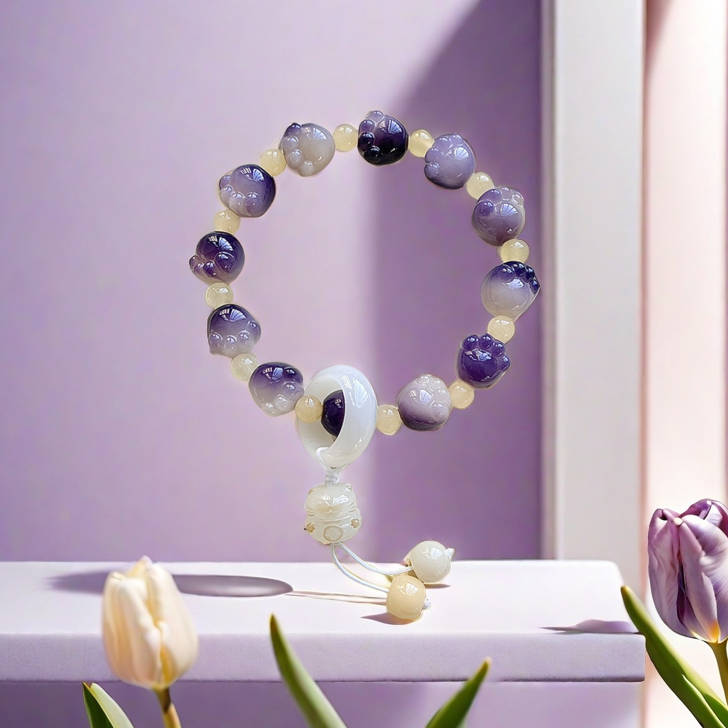 The TAOÉ Pawfect Bodhi Bracelet: Carved Cat Paw Pendant – Frosts Descent by The 24 Solar Terms Series is showcased on a white surface with blooming tulips, featuring alternating purple and pale beads and a delicate cat paw charm.