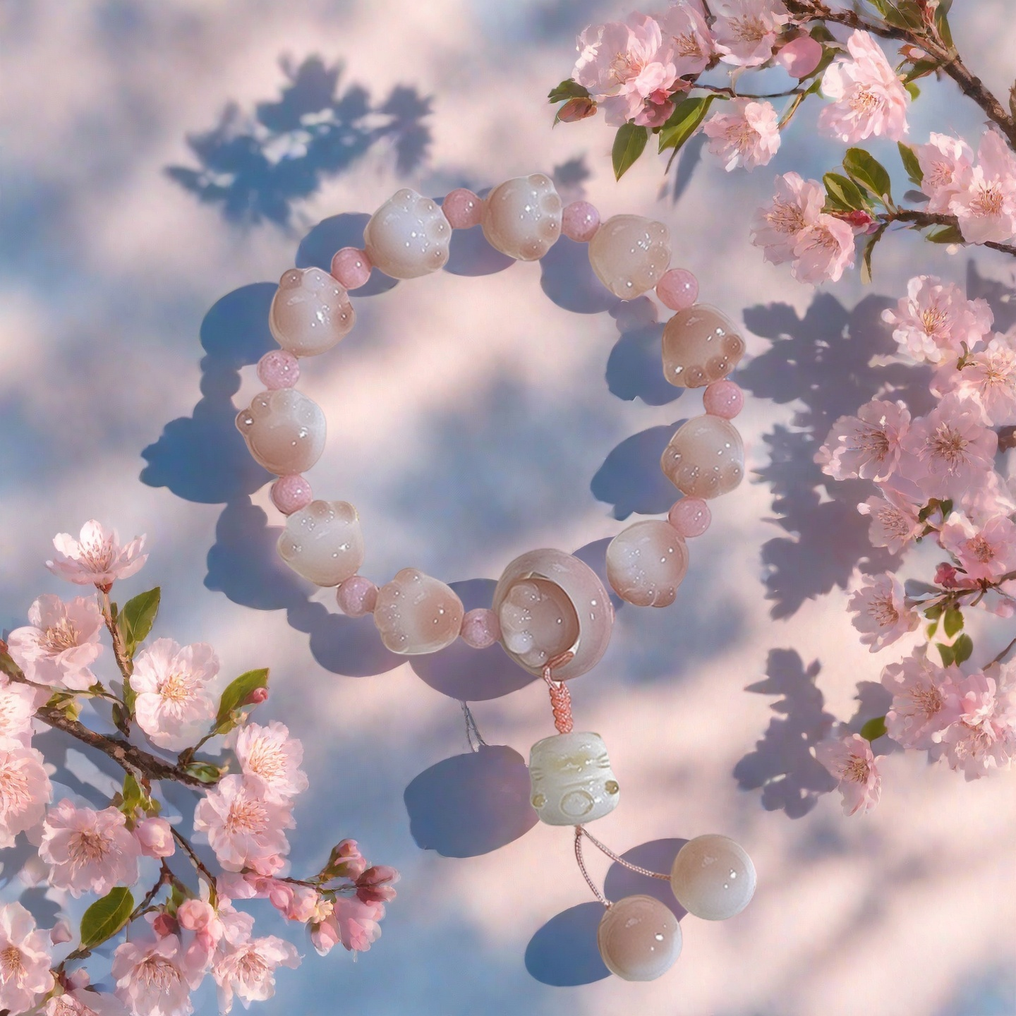 Bracelet Bodhi Taoé Pawfect : Pendentif patte de chat sculptée – Équinoxe de printemps Sakura rose