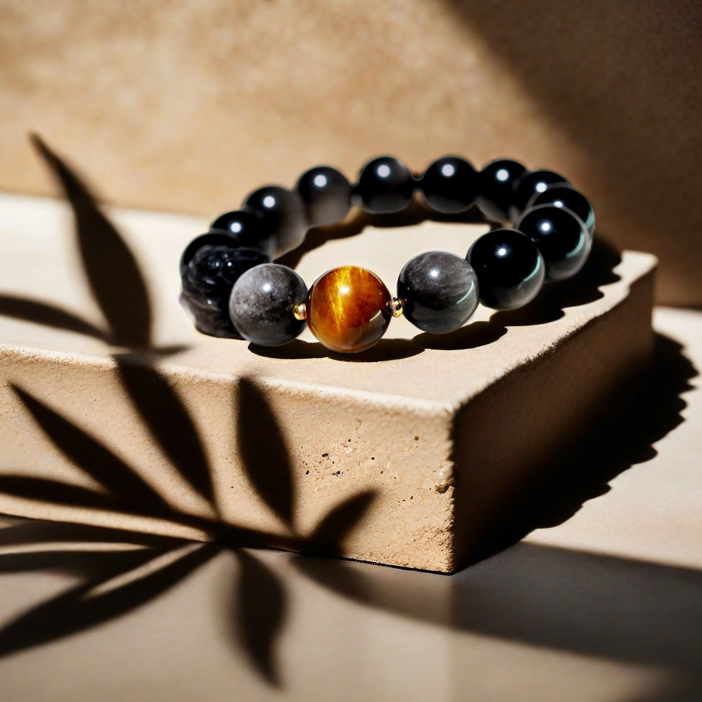 TAOÉ Natural Silver Sheen Obsidian Bracelet - Chinese Lion Dance | Obsidian & Gold Sheen Obsidian -Water