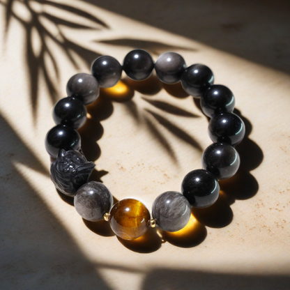 Pulsera TAOÉ de Obsidiana con Brillo de Plata Natural - Danza del León Chino | Obsidiana y Obsidiana con Brillo Dorado - Agua