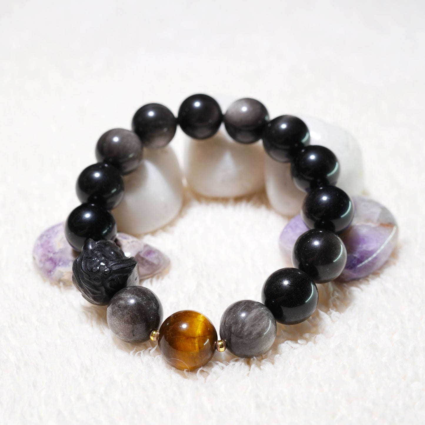 Pulsera TAOÉ de Obsidiana con Brillo de Plata Natural - Danza del León Chino | Obsidiana y Obsidiana con Brillo Dorado - Agua