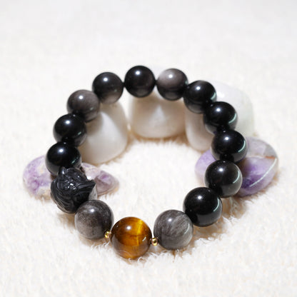 Pulsera TAOÉ de Obsidiana con Brillo de Plata Natural - Danza del León Chino | Obsidiana y Obsidiana con Brillo Dorado - Agua