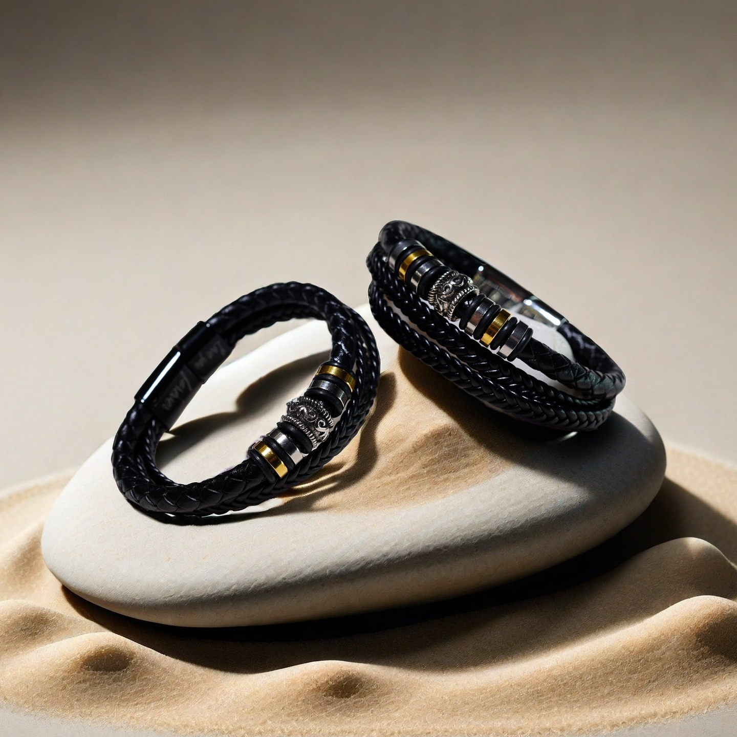 Two TAOÉ Mens Tribal Bracelets from the Five Elements Series, featuring black stainless steel rope braid and leather cord with gold accents, rest on a white stone—earth-inspired accessories for a natural look.