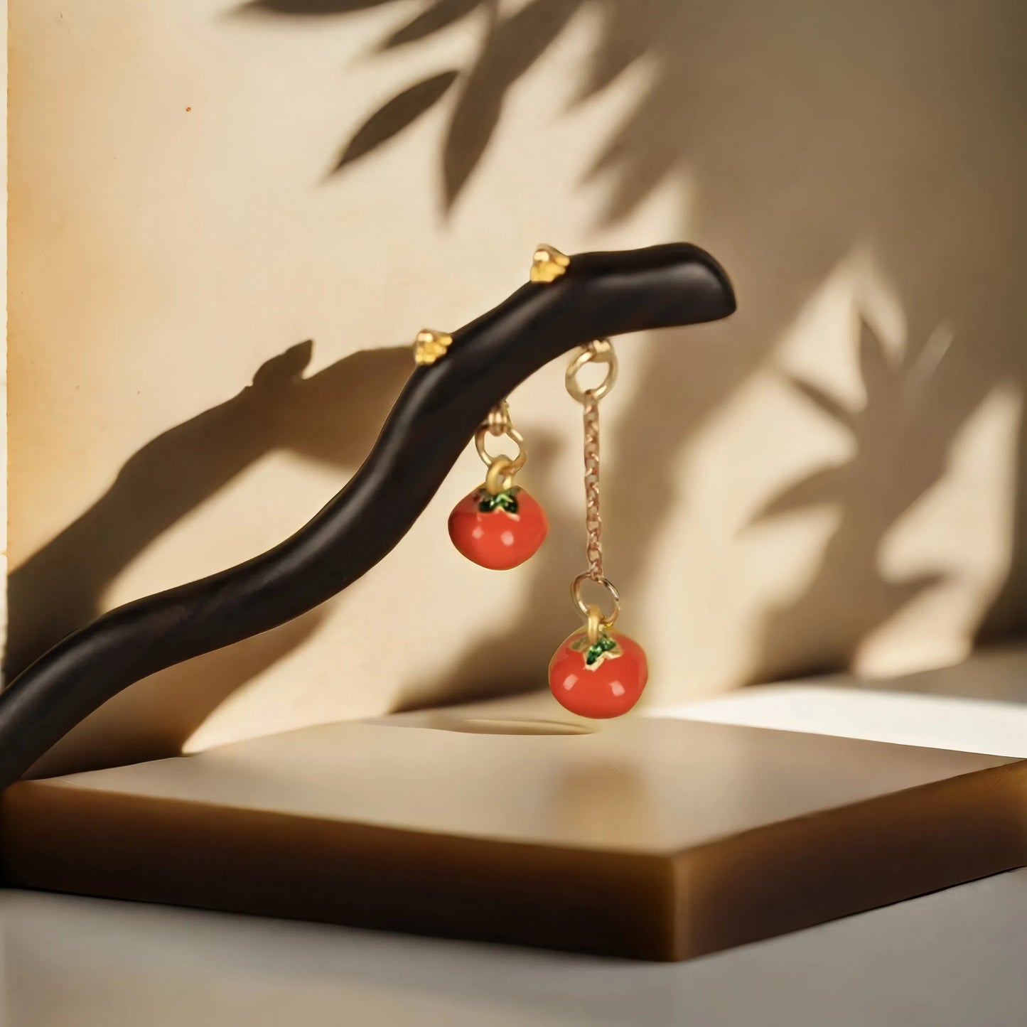 TAOÉ Twin Persimmon Wishes - Auspicious Ebony Hairpin with Dangling Charms