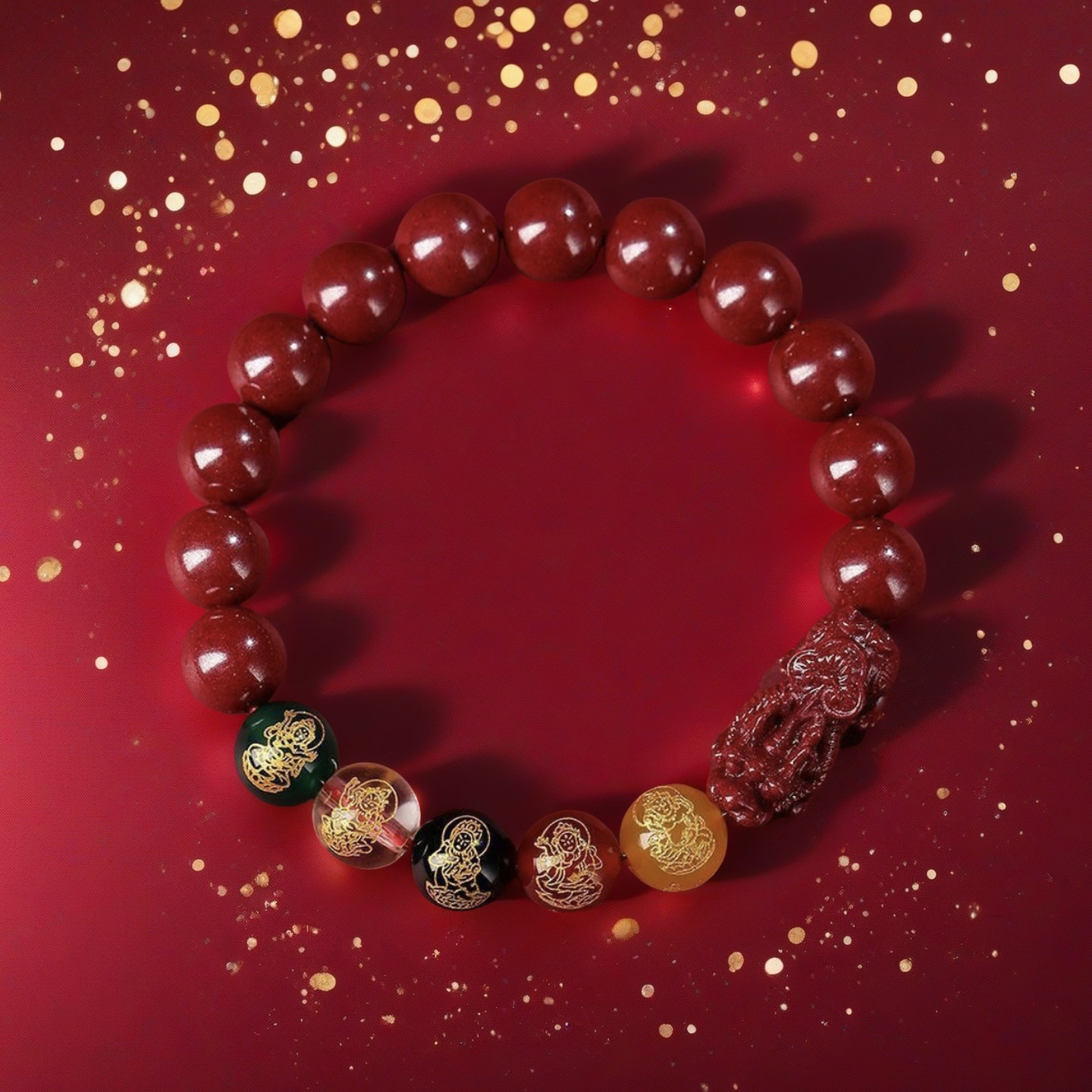 TAOÉ Five Gods of Wealth Cinnabar Bracelet with Lucky Beads: Auspicious Fortune-Bringing Hand Jewelry-Fire