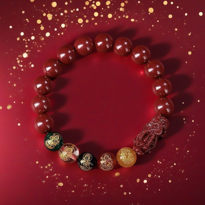 TAOÉ Five Gods of Wealth Cinnabar Bracelet with Lucky Beads: Auspicious Fortune-Bringing Hand Jewelry-Fire