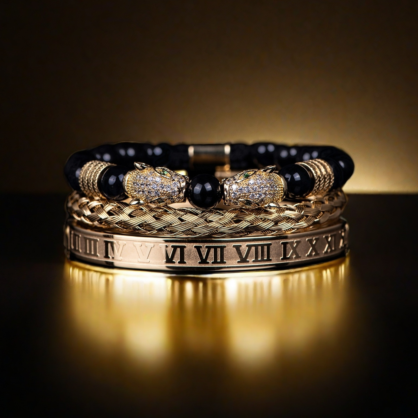 The Five Elements Series TAOÉ Gothic Black Panther Braid + Golden Steel Numeral Bracelet Panther Set-Metal is displayed against a gold gradient background, highlighting its luxurious braided, numeral, and jeweled panther designs.