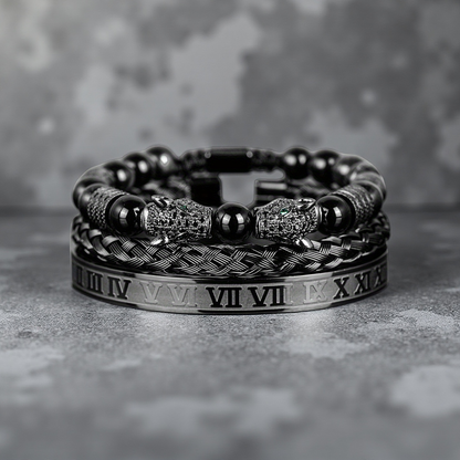 The Five Elements Series TAOÉ Gothic Black Panther Braid and Silver Steel Numeral Bracelet Set-Metal features stylish black and silver designs with animal head clasps, elegantly displayed on a textured gray surface.