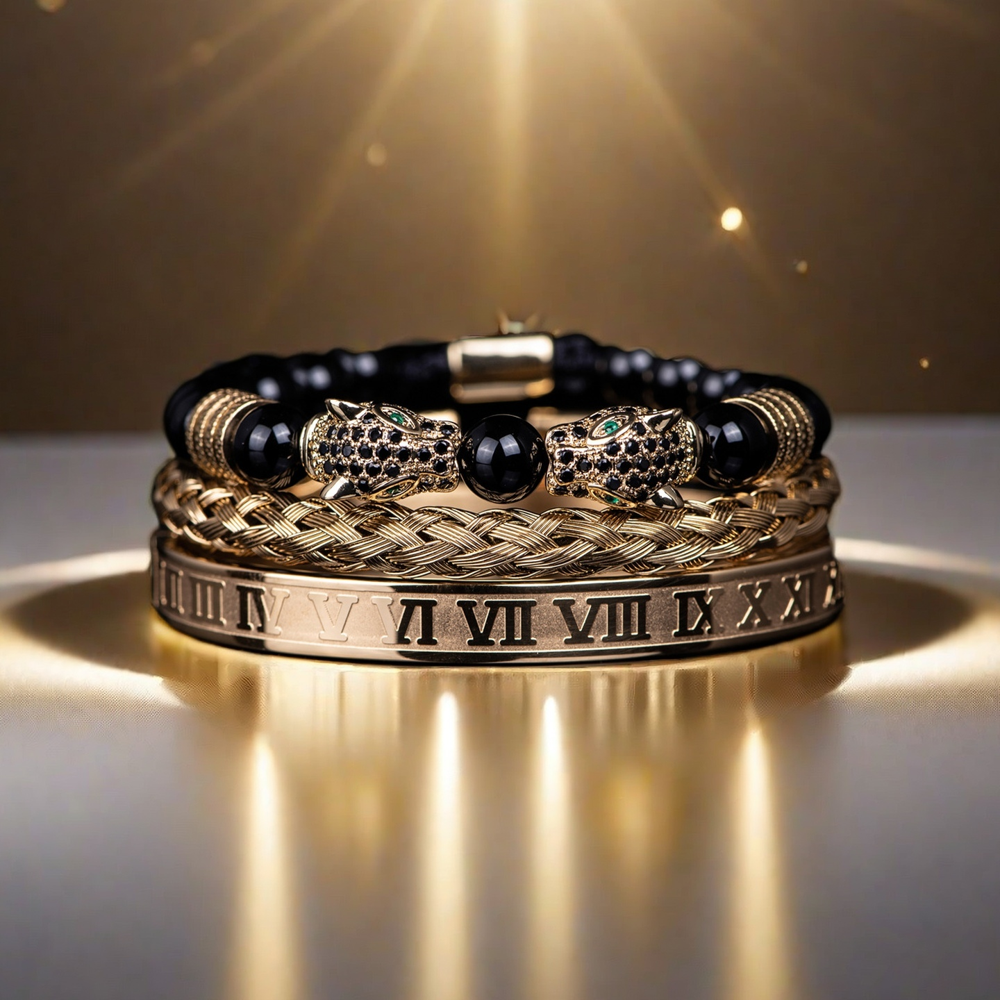 The TAOÉ Gothic Black Panther Braid + Golden Steel Numeral Bracelet Panther Set-Metal from the Five Elements Series radiates power on a reflective surface, featuring braided details, Roman numerals, and bold panther charms in dramatic lighting.