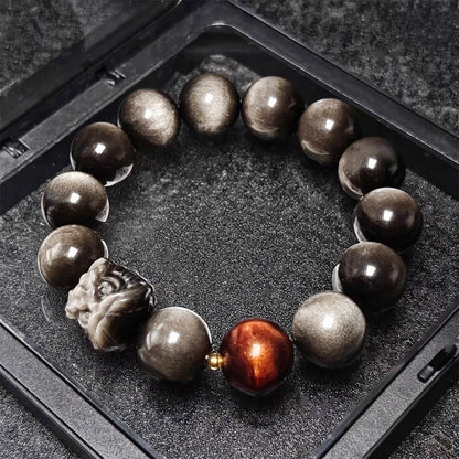 Pulsera TAOÉ de Obsidiana con Brillo de Plata Natural - Danza del León Chino | Obsidiana y Obsidiana con Brillo Dorado - Agua