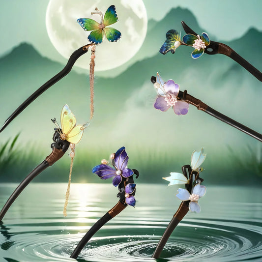 Six TAOÉ New Chinese Style Ronghua Hairsticks in Ebony from The Book of Songs Collection, featuring handcrafted amethyst petal designs, are displayed above tranquil water with misty mountains and a full moon in the background.